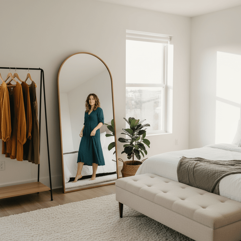 Woman trying on a teal dress in front of a mirror in a sunlit bedroom, representing confident online shopping.