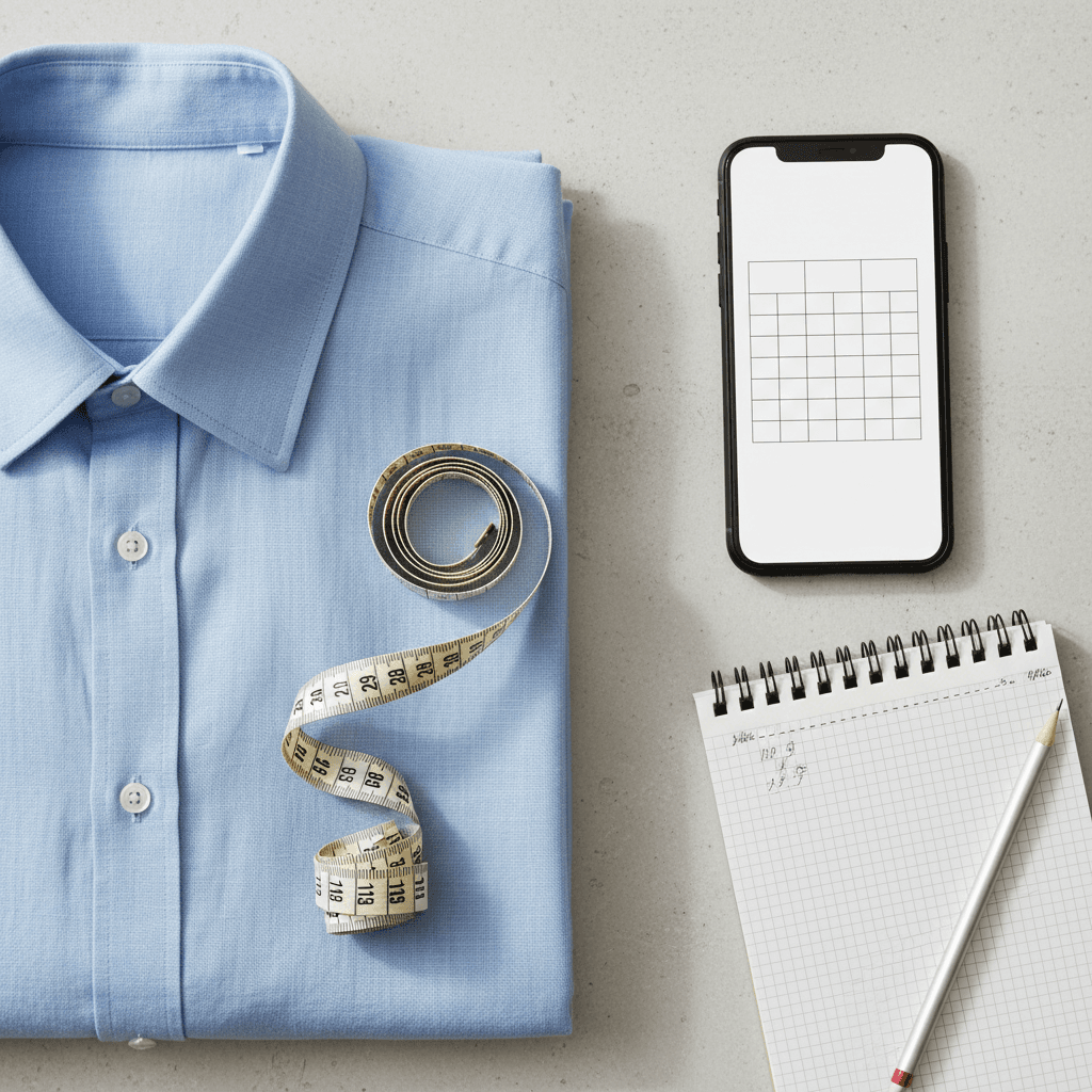 Flat lay of clothing measurements, tape measure, and phone with size chart.