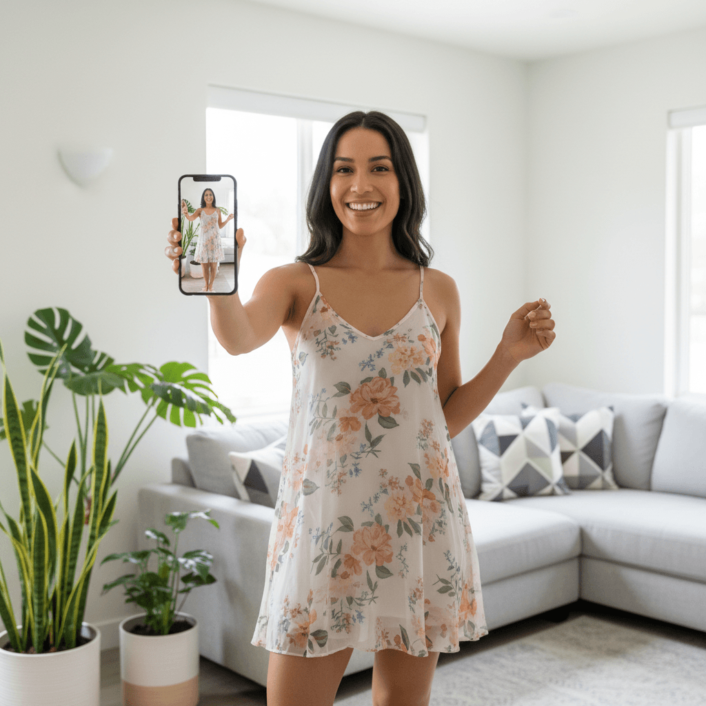 Person using phone with augmented reality overlay showing a dress on their body.
