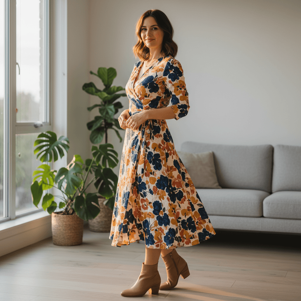 Model wearing a midi wrap dress in a sunlit apartment