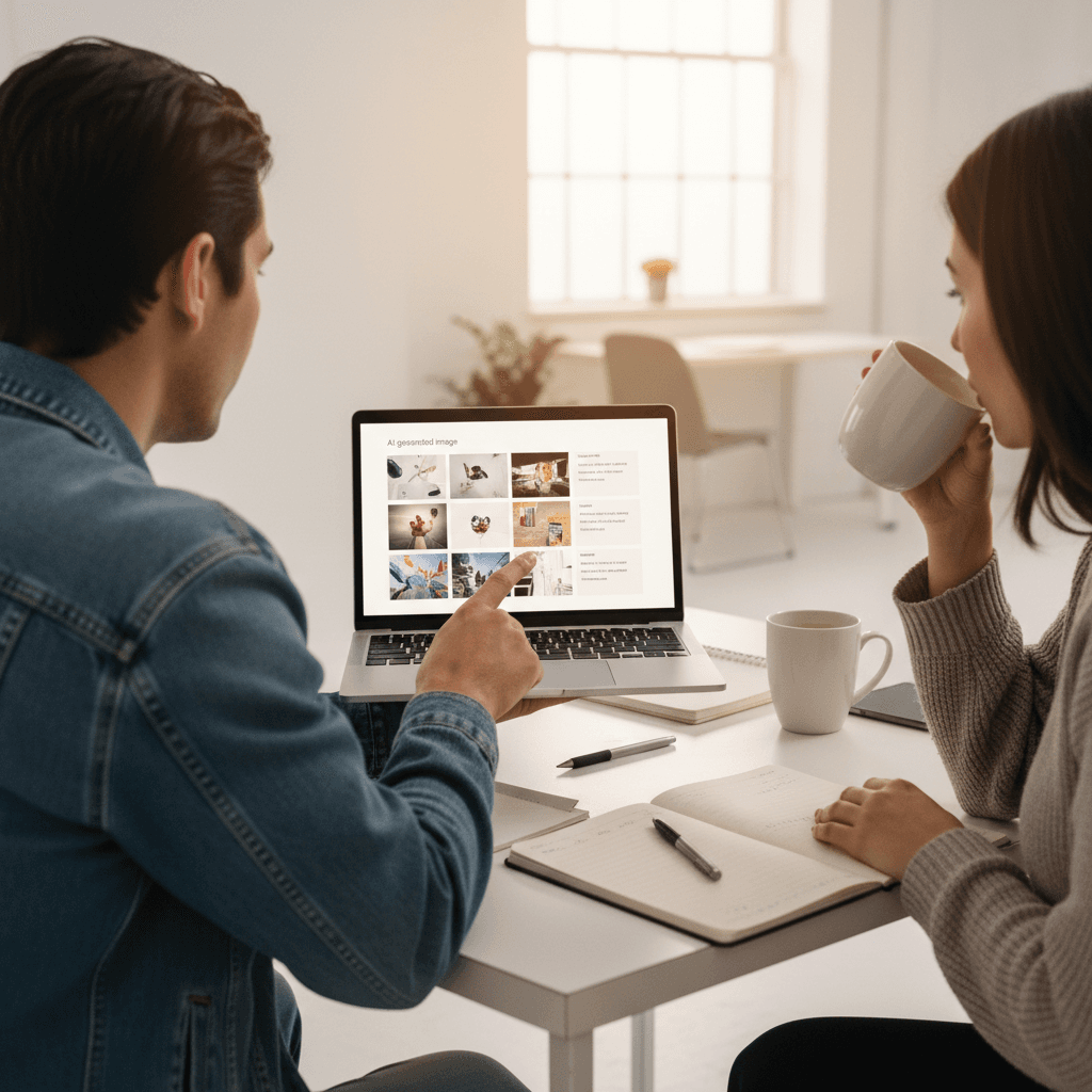 Creative team reviewing AI-generated campaign assets on a laptop