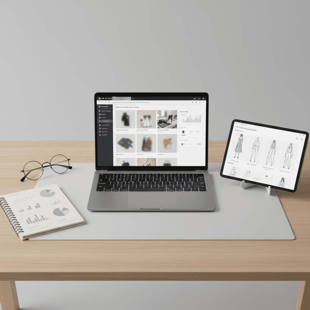 Overhead shot of laptop and tablet showing personalized product suggestions and styling ideas