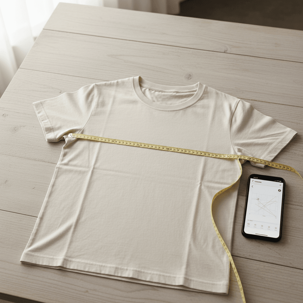 Flat-lay of T-shirt, tape measure, and phone showing measurements