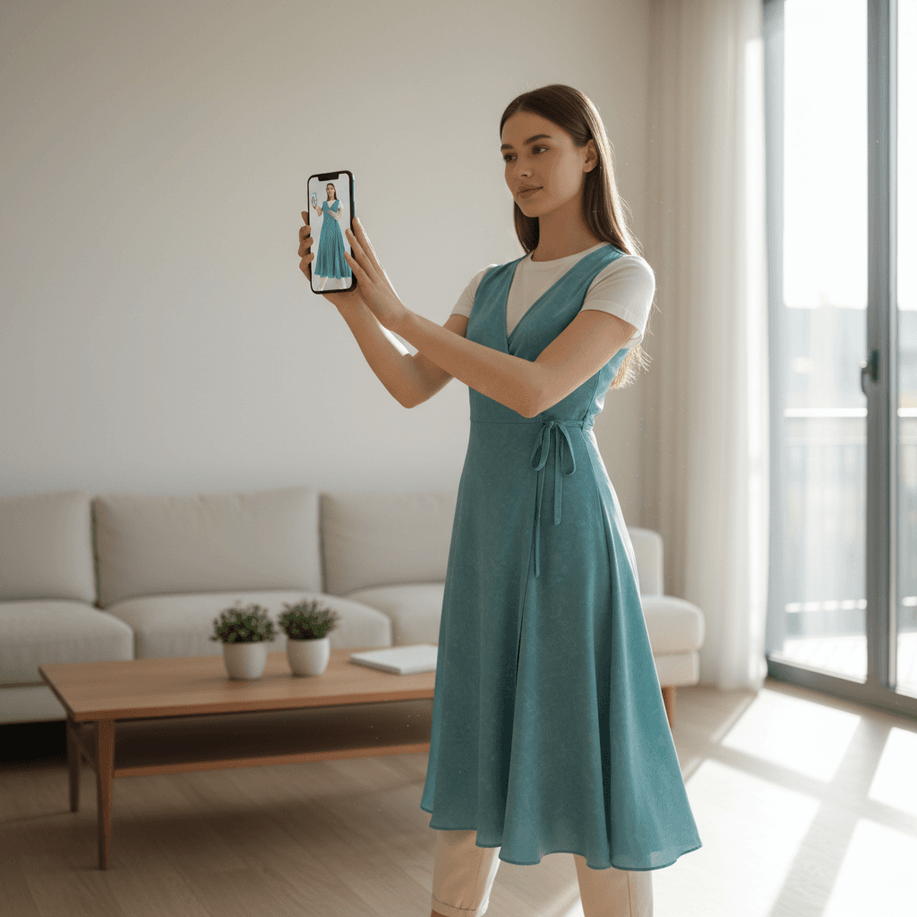 Woman using smartphone AR to preview a teal wrap dress in her living room