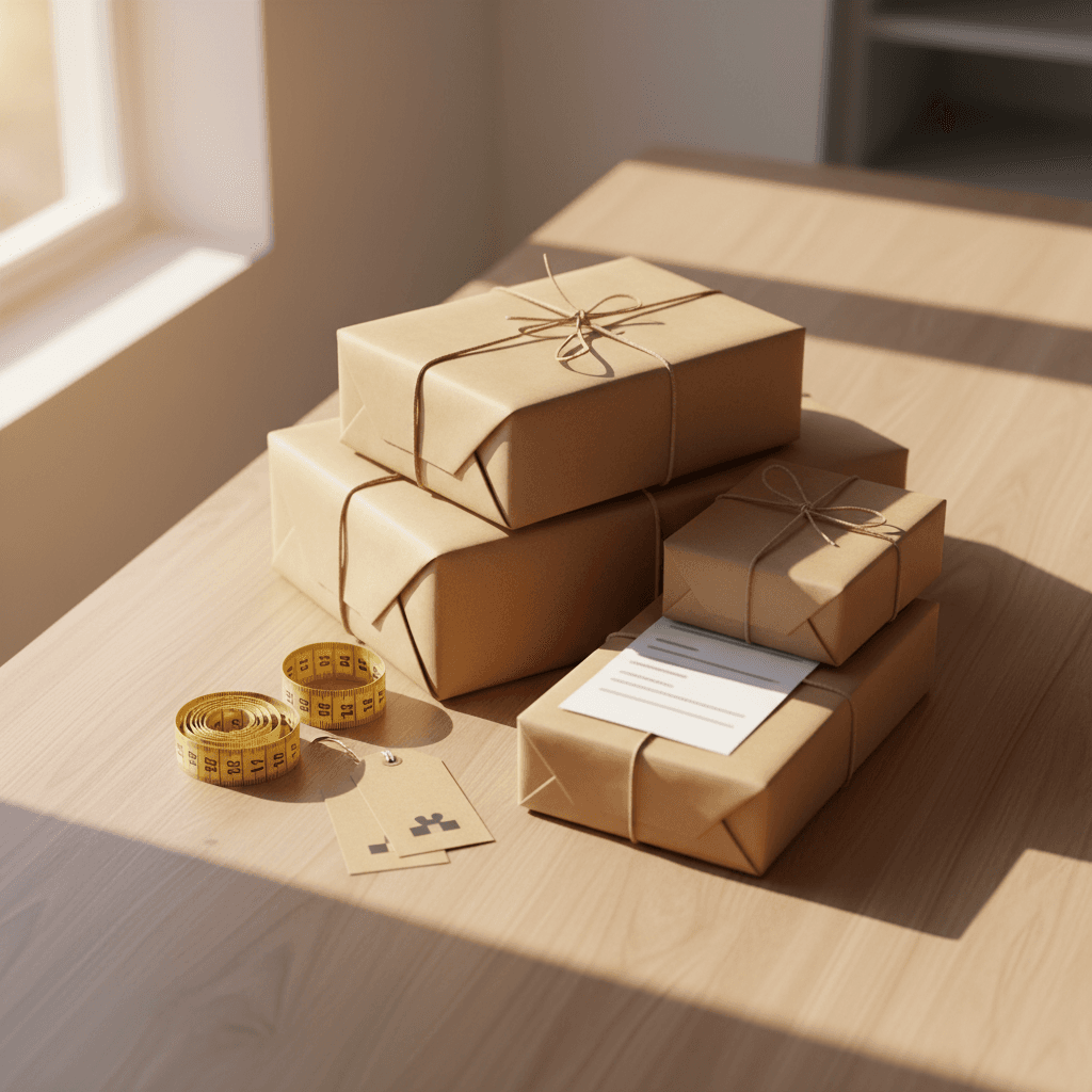 Parcels and try-on checklist items on a wooden table, ready for return or keep