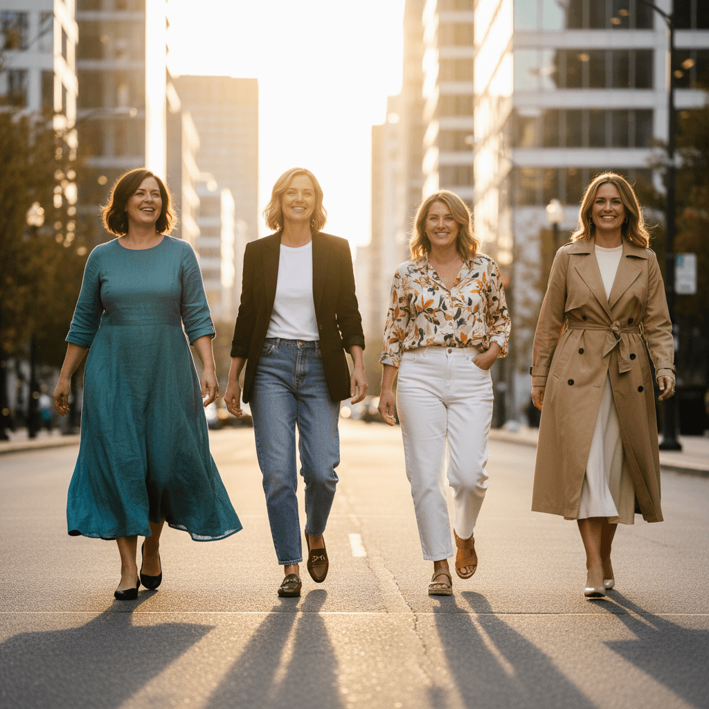 Diverse group of women walking a sunlit outdoor runway wearing different outfits, editorial style