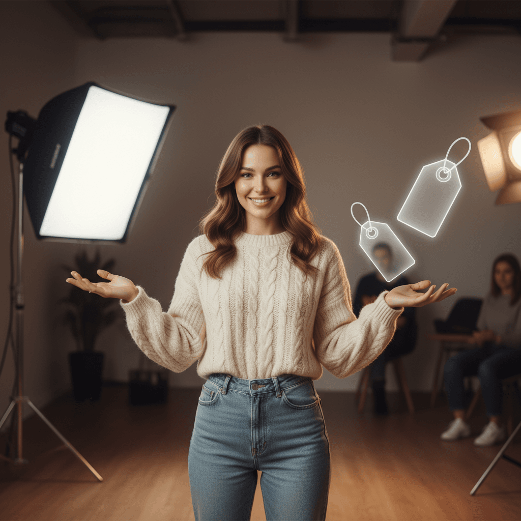 Influencer hosting a livestream with shoppable tags visible on-screen