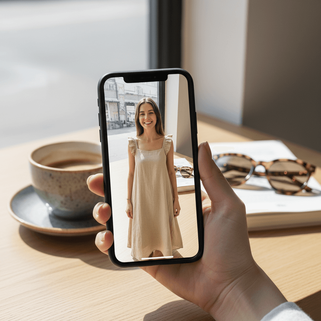 Smartphone close-up displaying a video try-on of a linen dress over a selfie