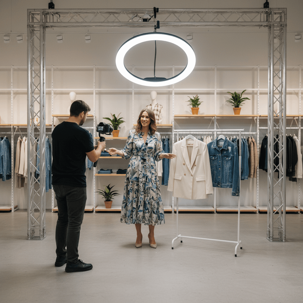 Retail pop-up livestream set with host demonstrating outfits under soft lighting